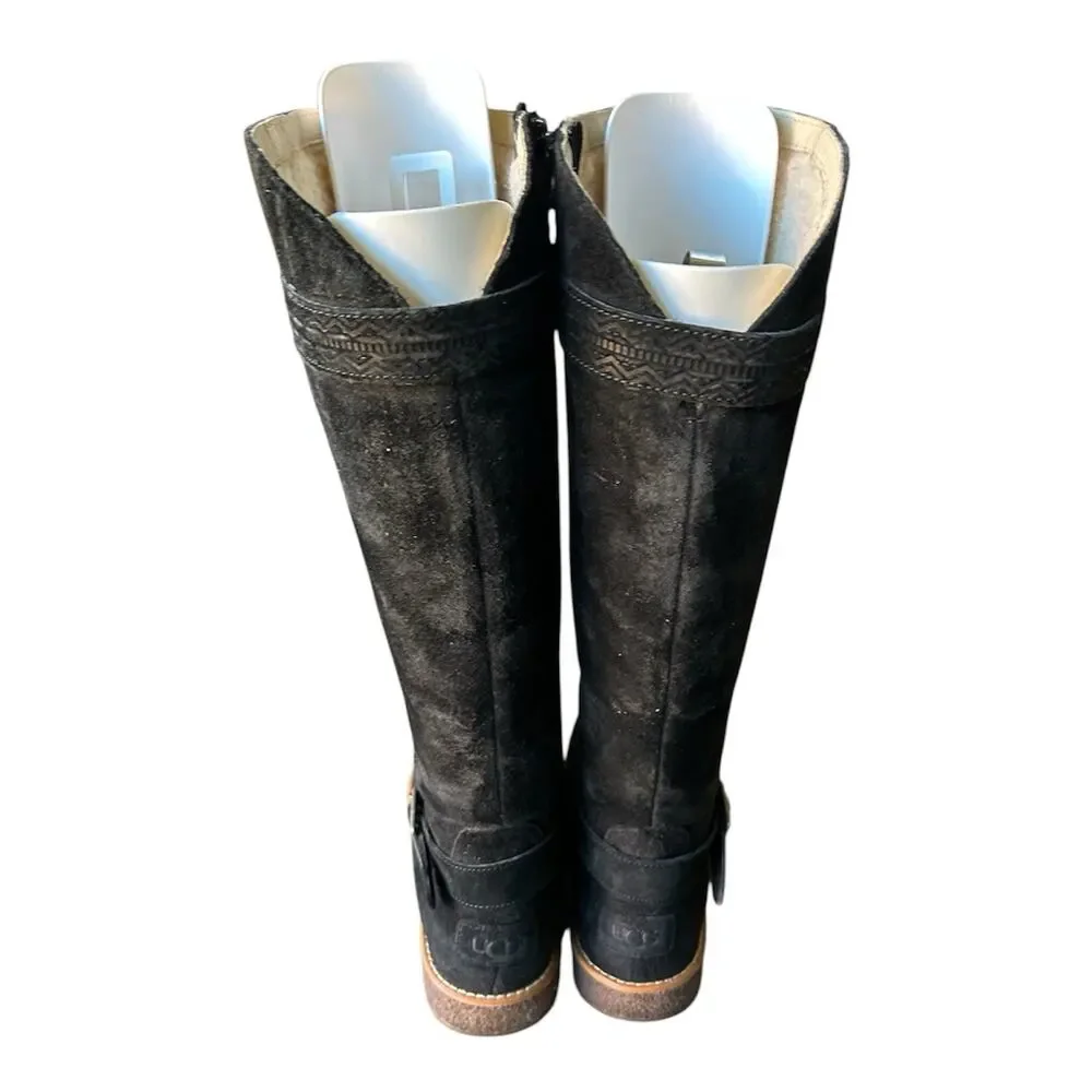 UGG Gellar Tall Boots Womens 7 Black Sheepskin Lined Suede Leather 1013196
